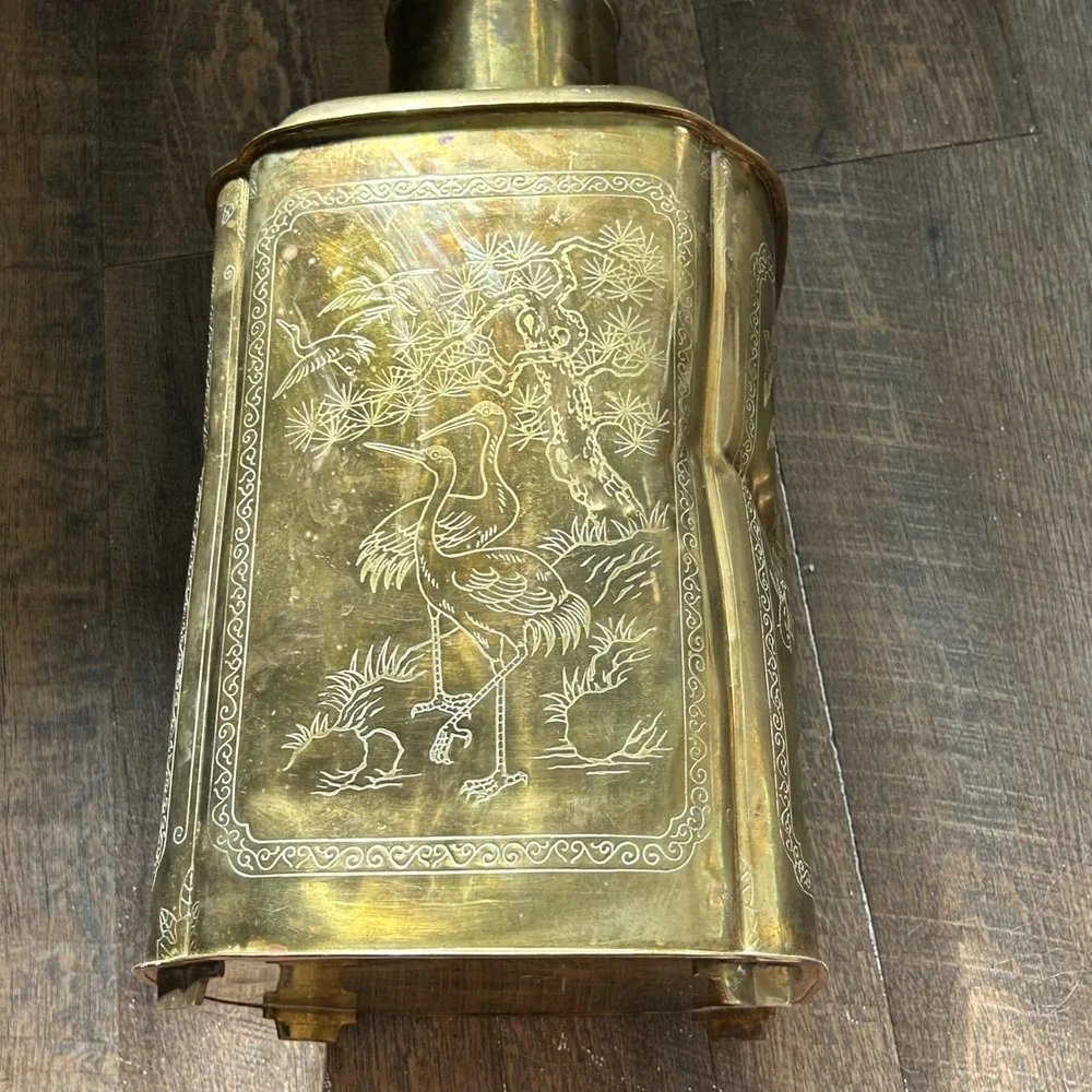 Vintage Large Etched Brass Chinoiserie Tea Caddy Canister Hong Kong Birds Bamboo